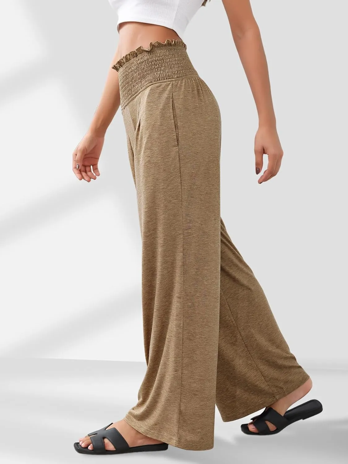 GEMLON Women's Palazzo Pants High Waisted Elastic Wide Leg Casual Lounge Pants with Pockets
