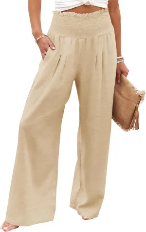 GEMLON Women's Palazzo Pants High Waisted Elastic Wide Leg Casual Lounge Pants with Pockets