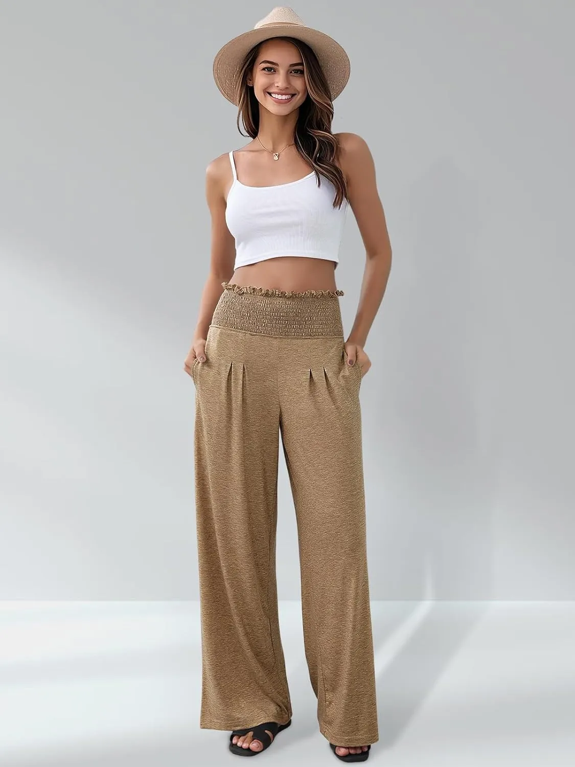 GEMLON Women's Palazzo Pants High Waisted Elastic Wide Leg Casual Lounge Pants with Pockets