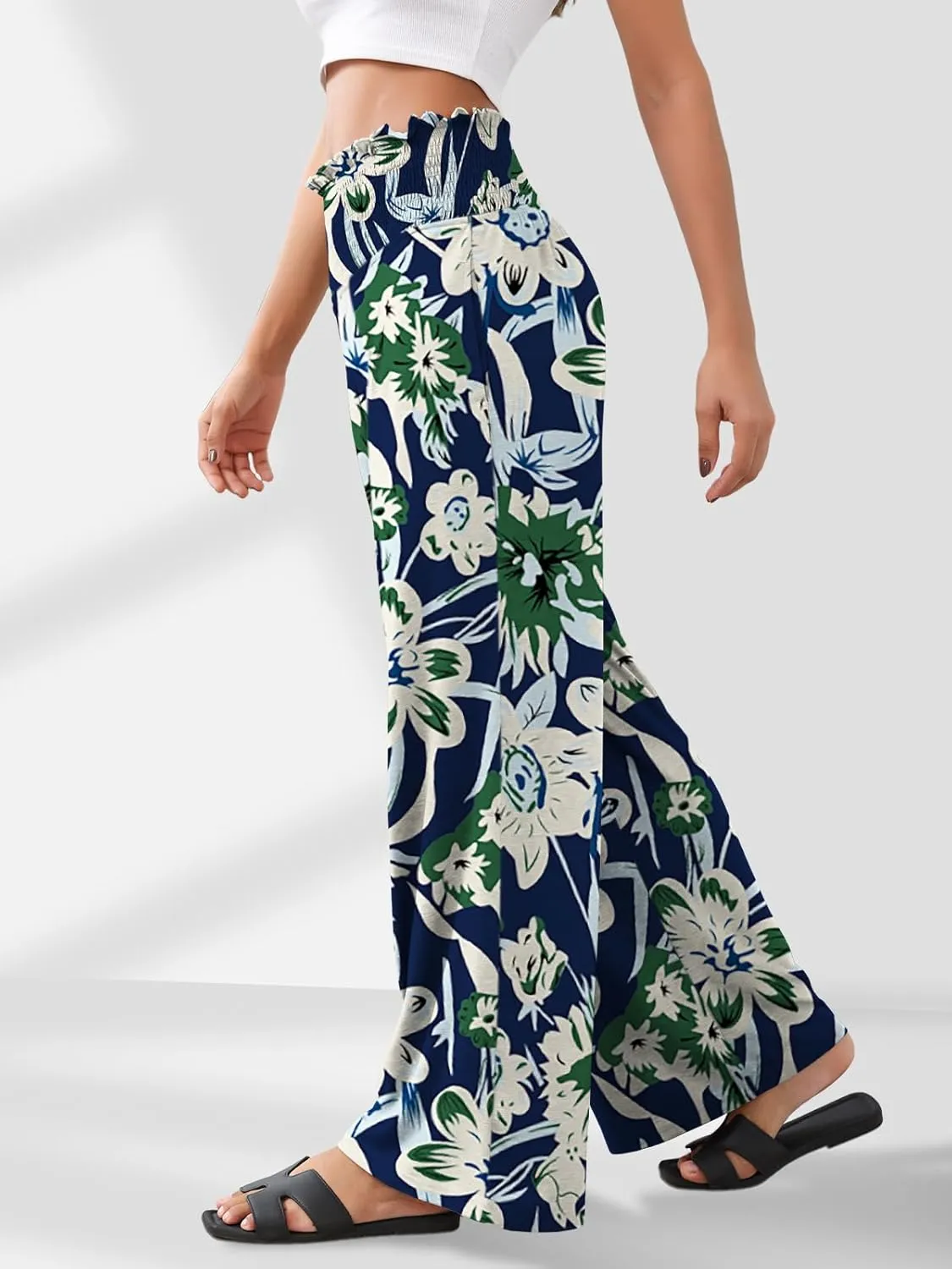 GEMLON Women's Palazzo Pants High Waisted Elastic Wide Leg Casual Lounge Pants with Pockets
