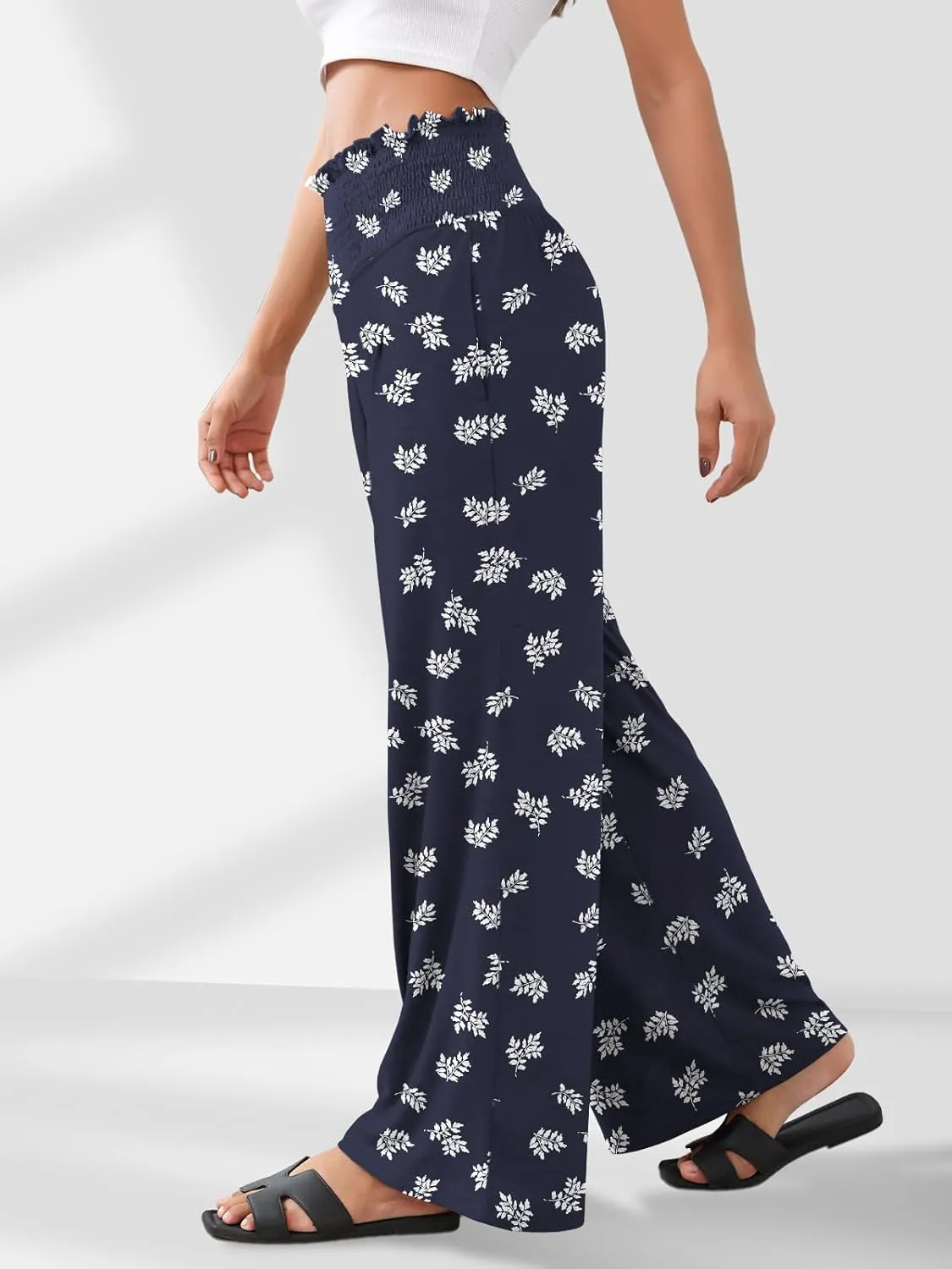 GEMLON Women's Palazzo Pants High Waisted Elastic Wide Leg Casual Lounge Pants with Pockets