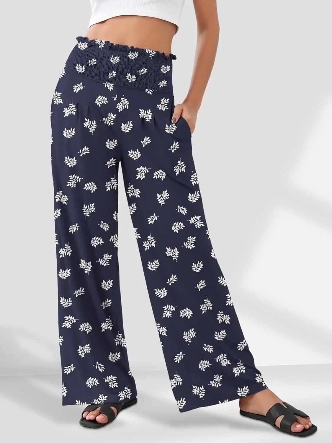 GEMLON Women's Palazzo Pants High Waisted Elastic Wide Leg Casual Lounge Pants with Pockets