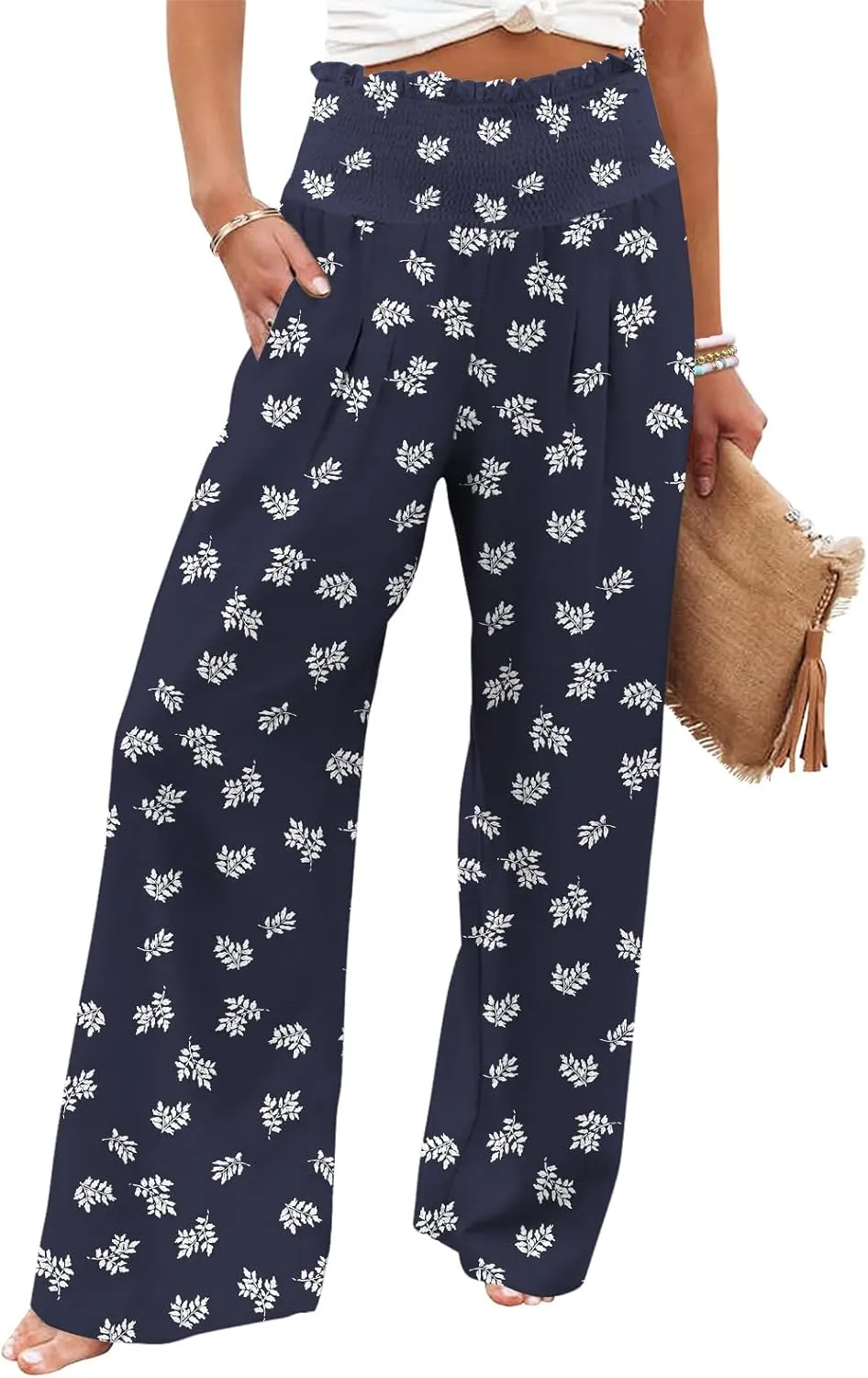 GEMLON Women's Palazzo Pants High Waisted Elastic Wide Leg Casual Lounge Pants with Pockets