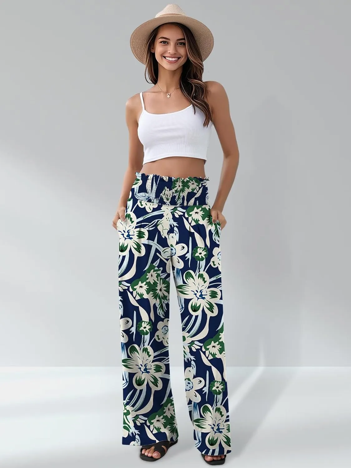 GEMLON Women's Palazzo Pants High Waisted Elastic Wide Leg Casual Lounge Pants with Pockets