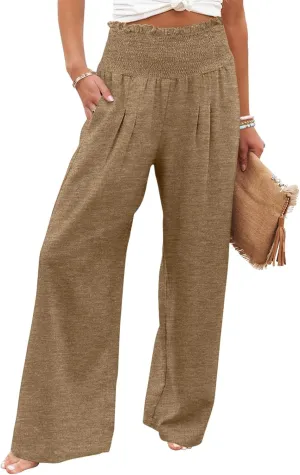 GEMLON Women's Palazzo Pants High Waisted Elastic Wide Leg Casual Lounge Pants with Pockets