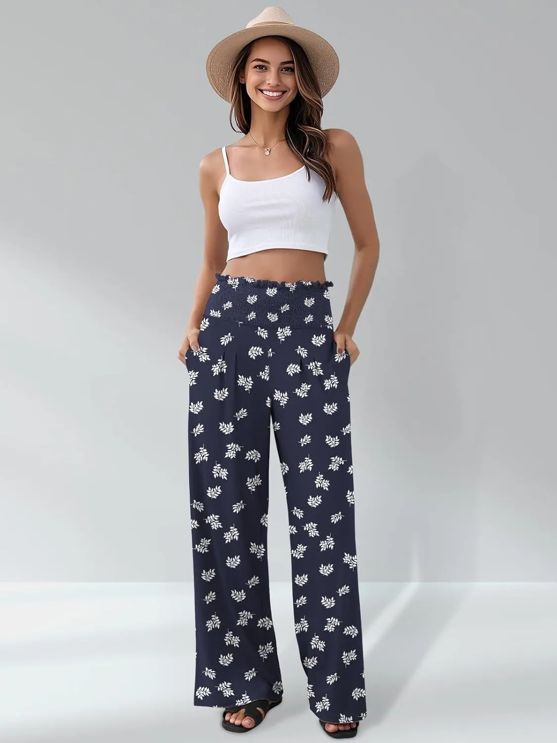 GEMLON Women's Palazzo Pants High Waisted Elastic Wide Leg Casual Lounge Pants with Pockets