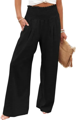 GEMLON Women's Palazzo Pants High Waisted Elastic Wide Leg Casual Lounge Pants with Pockets
