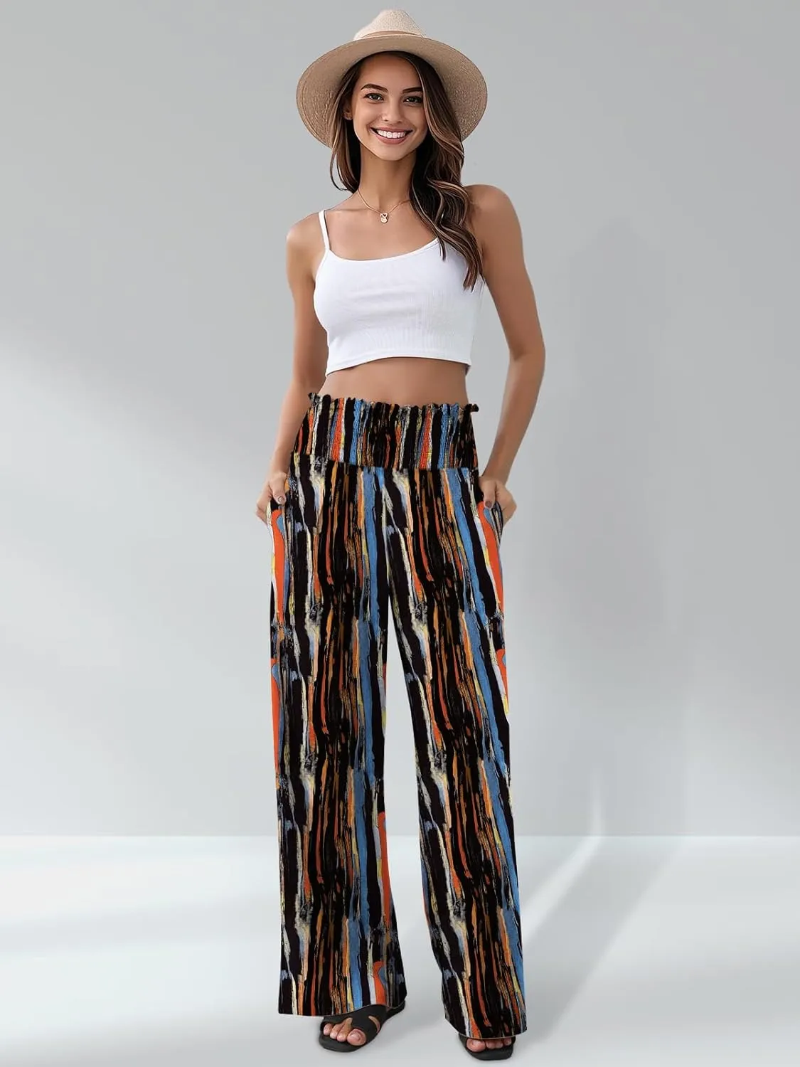 GEMLON Women's Palazzo Pants High Waisted Elastic Wide Leg Casual Lounge Pants with Pockets