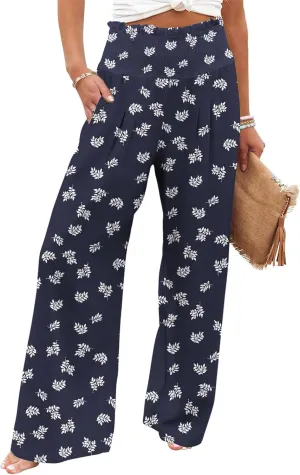 GEMLON Women's Palazzo Pants High Waisted Elastic Wide Leg Casual Lounge Pants with Pockets