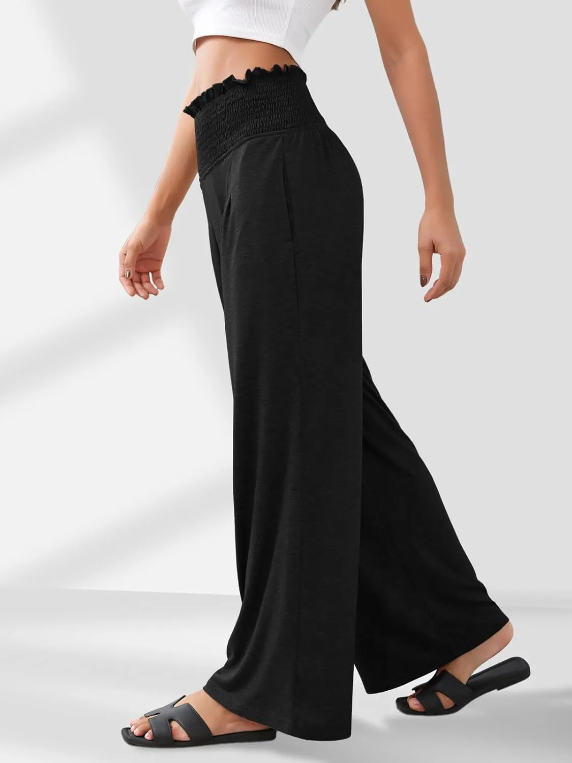 GEMLON Women's Palazzo Pants High Waisted Elastic Wide Leg Casual Lounge Pants with Pockets