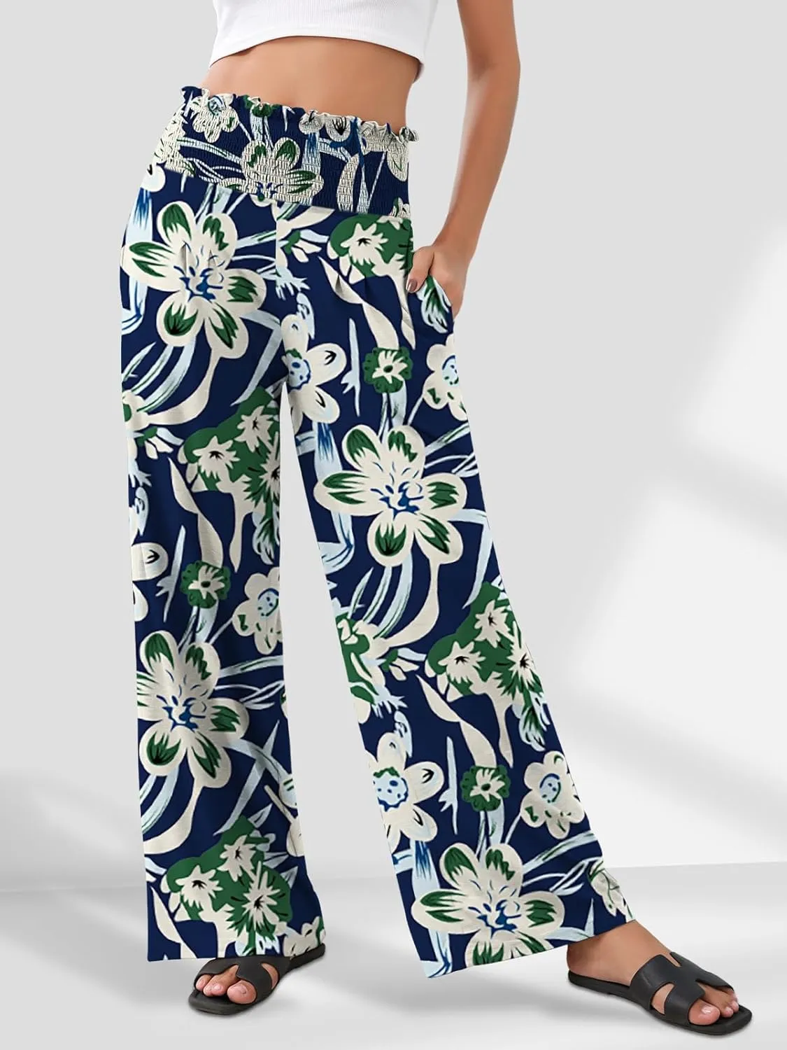 GEMLON Women's Palazzo Pants High Waisted Elastic Wide Leg Casual Lounge Pants with Pockets