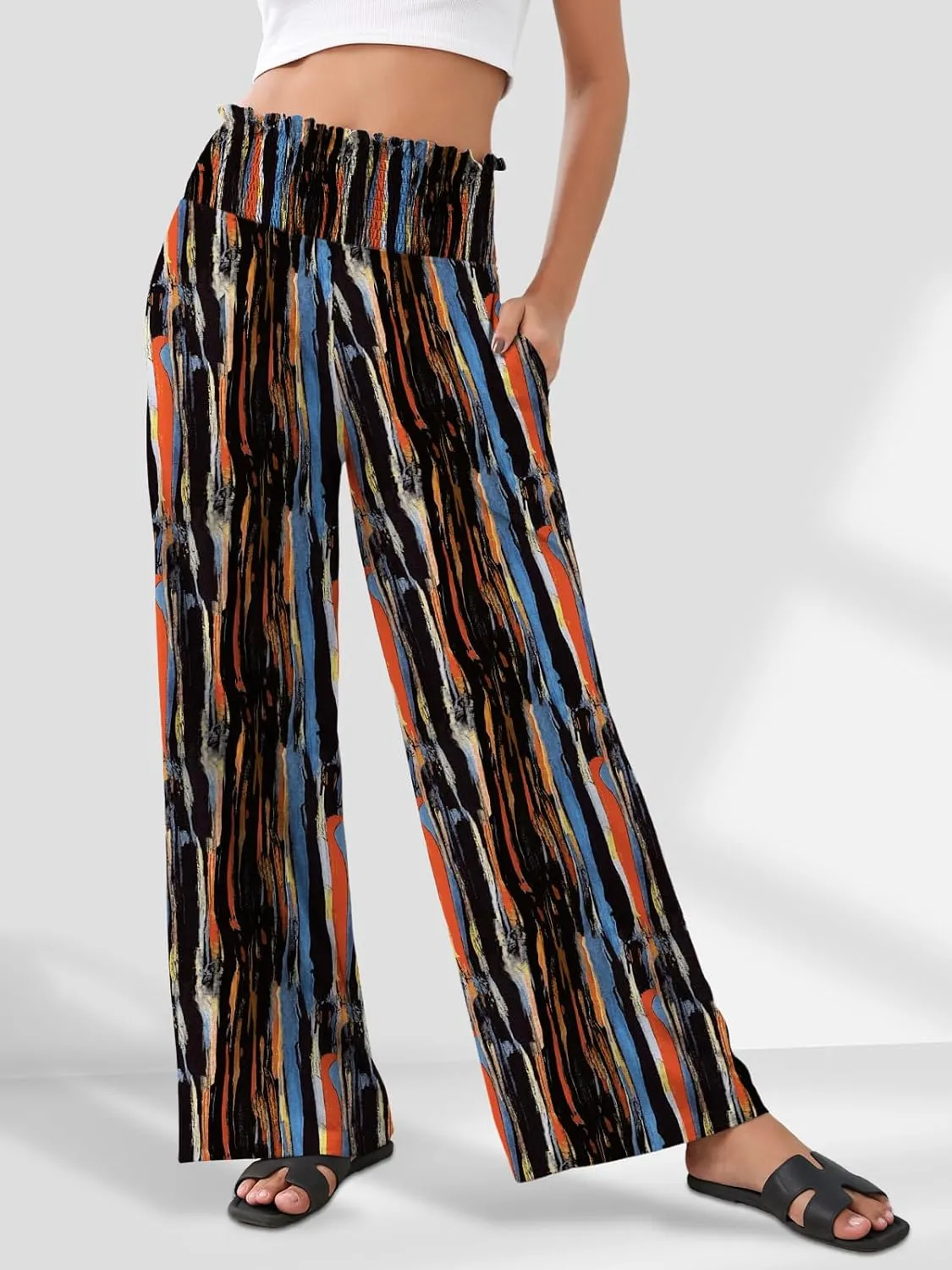 GEMLON Women's Palazzo Pants High Waisted Elastic Wide Leg Casual Lounge Pants with Pockets
