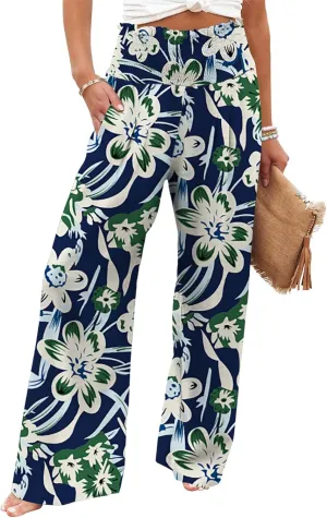 GEMLON Women's Palazzo Pants High Waisted Elastic Wide Leg Casual Lounge Pants with Pockets