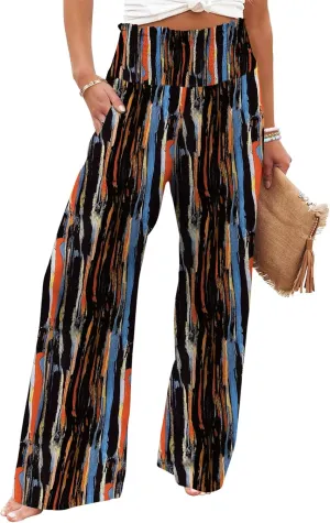 GEMLON Women's Palazzo Pants High Waisted Elastic Wide Leg Casual Lounge Pants with Pockets