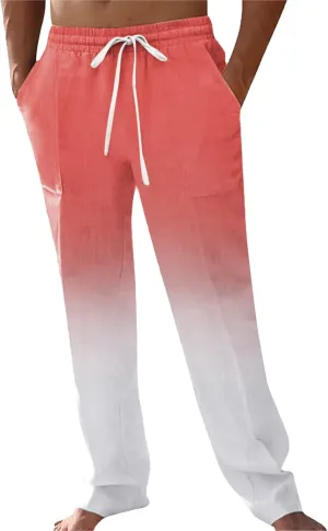 GIERIDUC Men Casual Linen Pants Hippie Drawstring Yoga Pants Elastic Waist Lightweight Trouser Casual Ombre Summer Beach Pant