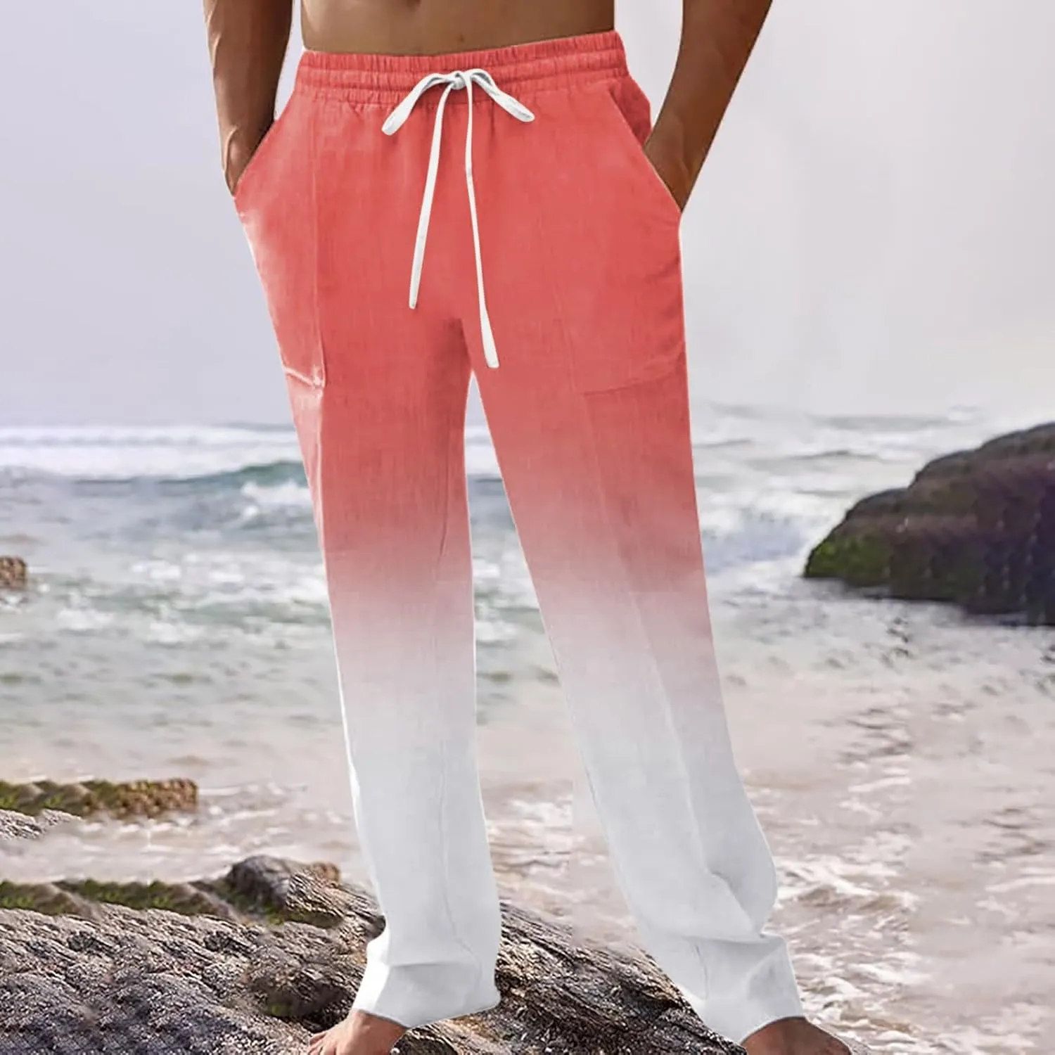 GIERIDUC Men Casual Linen Pants Hippie Drawstring Yoga Pants Elastic Waist Lightweight Trouser Casual Ombre Summer Beach Pant