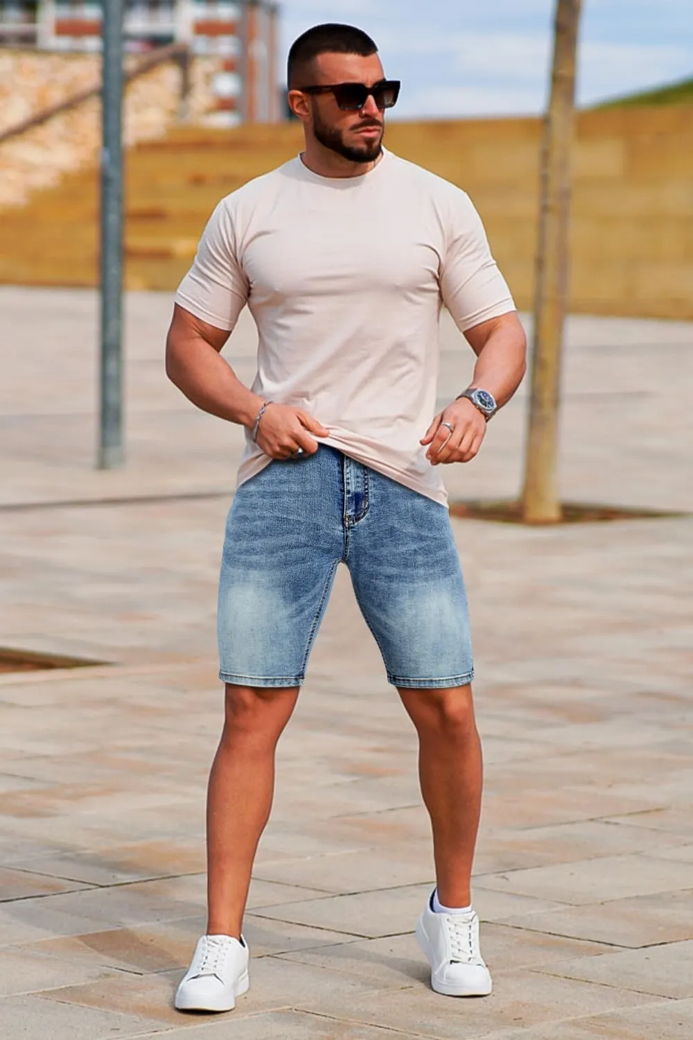 GINGTTO Men's Denim Shorts Slim Fit Stretch Short Jeans