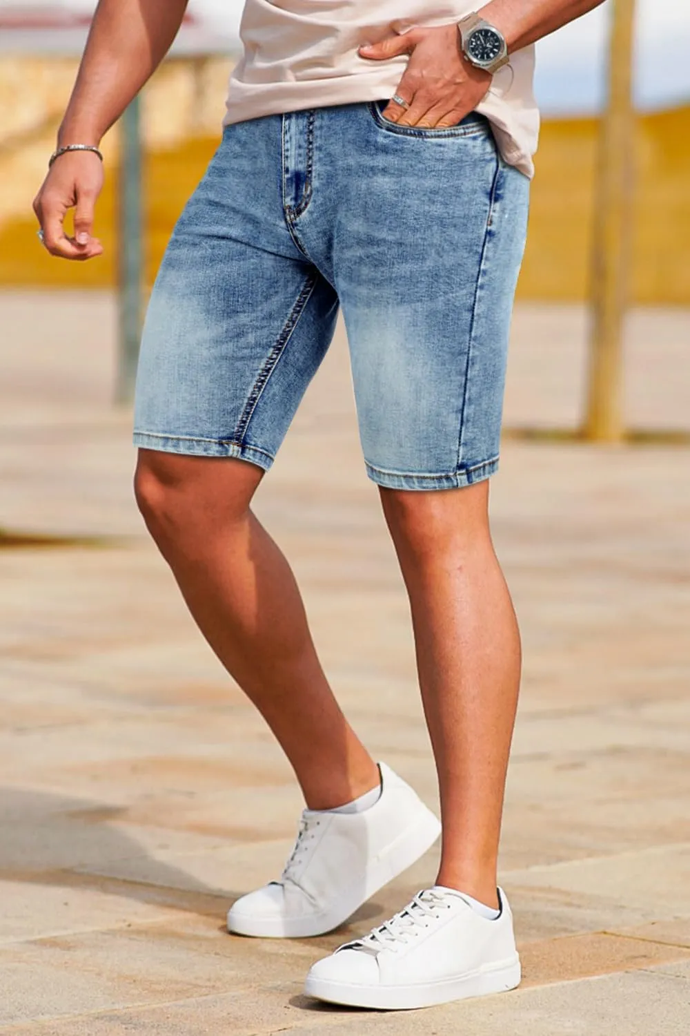 GINGTTO Men's Denim Shorts Slim Fit Stretch Short Jeans