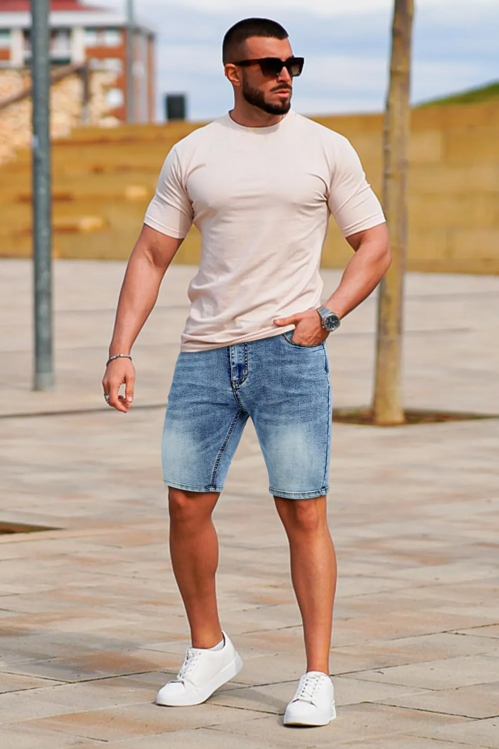 GINGTTO Men's Denim Shorts Slim Fit Stretch Short Jeans