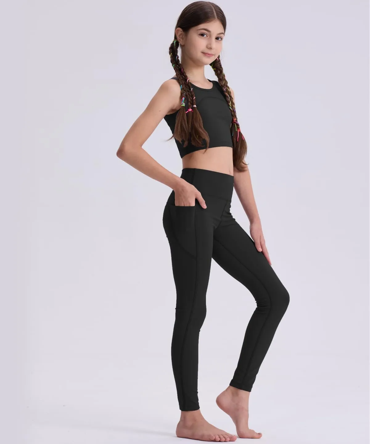 Girls' Black Athletic Leggings with Pockets, White Ankle Length Yoga Pants for Kids
