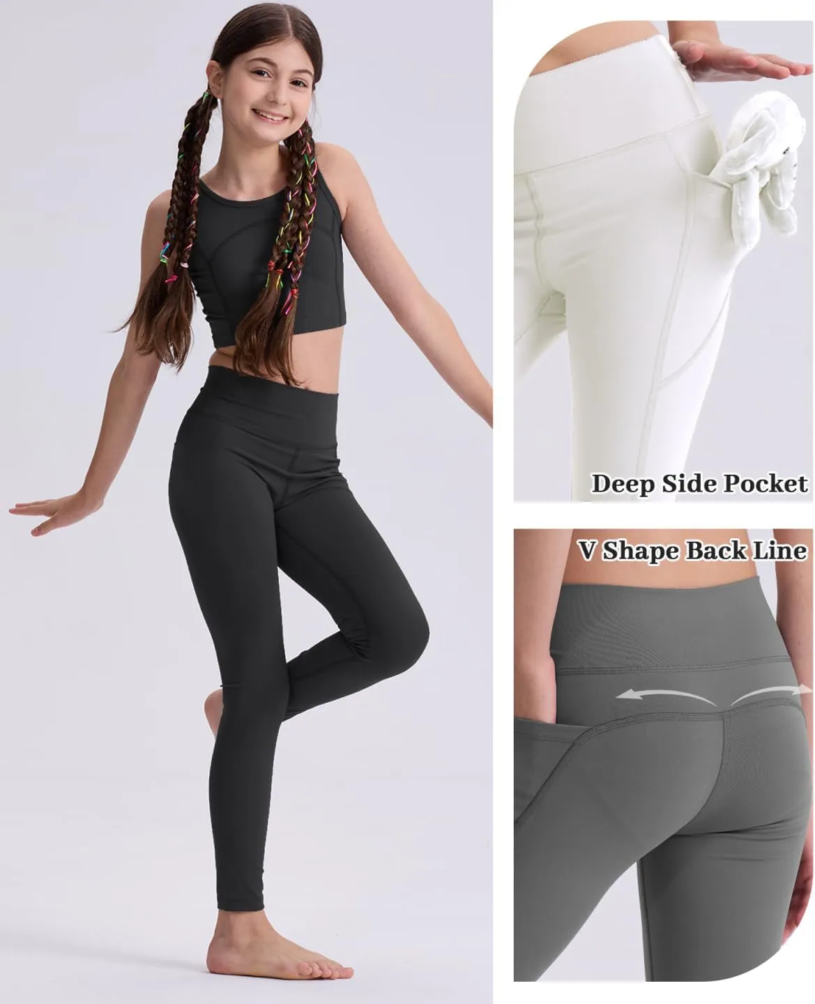 Girls' Black Athletic Leggings with Pockets, White Ankle Length Yoga Pants for Kids