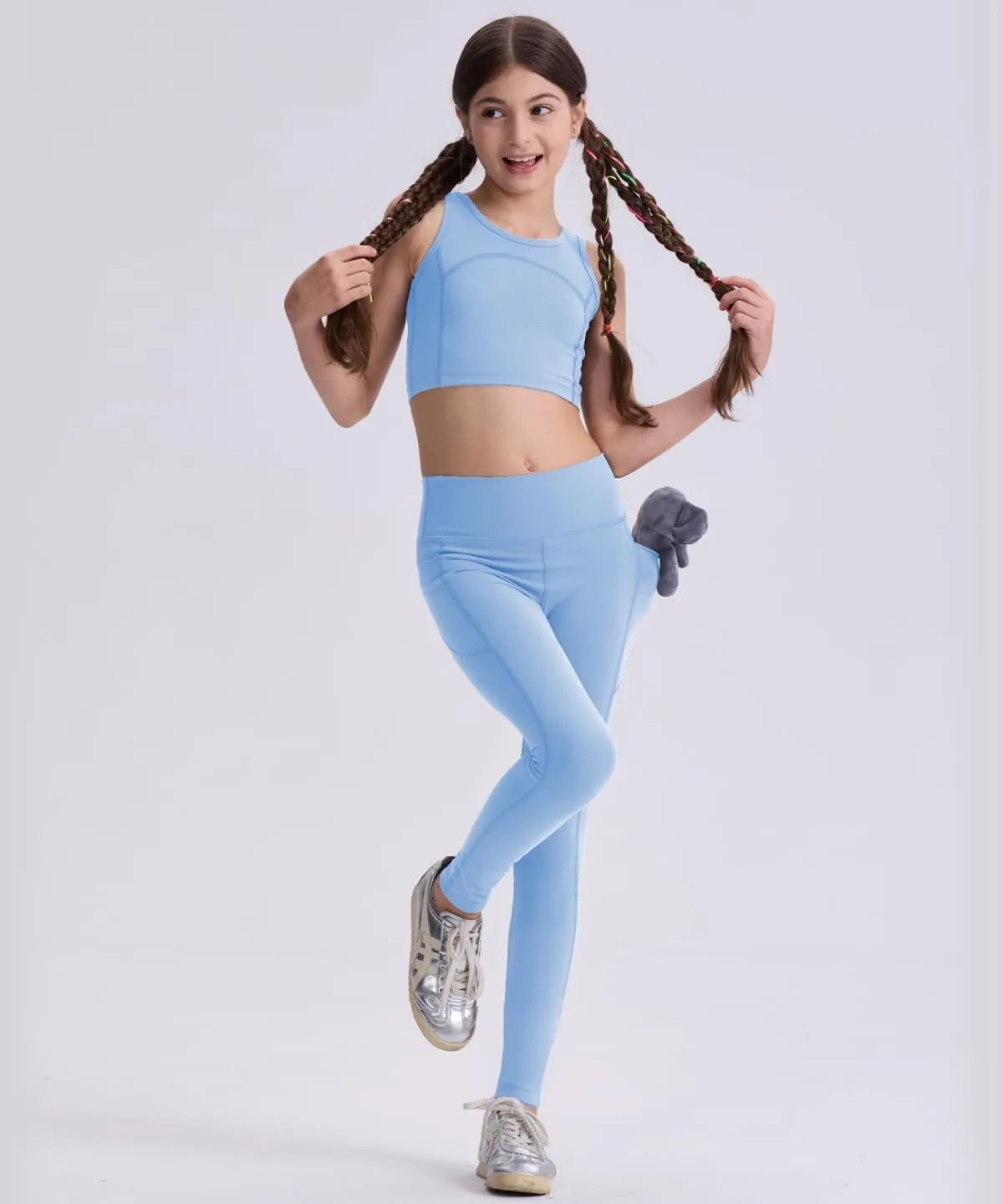 Girls' Black Athletic Leggings with Pockets, White Ankle Length Yoga Pants for Kids