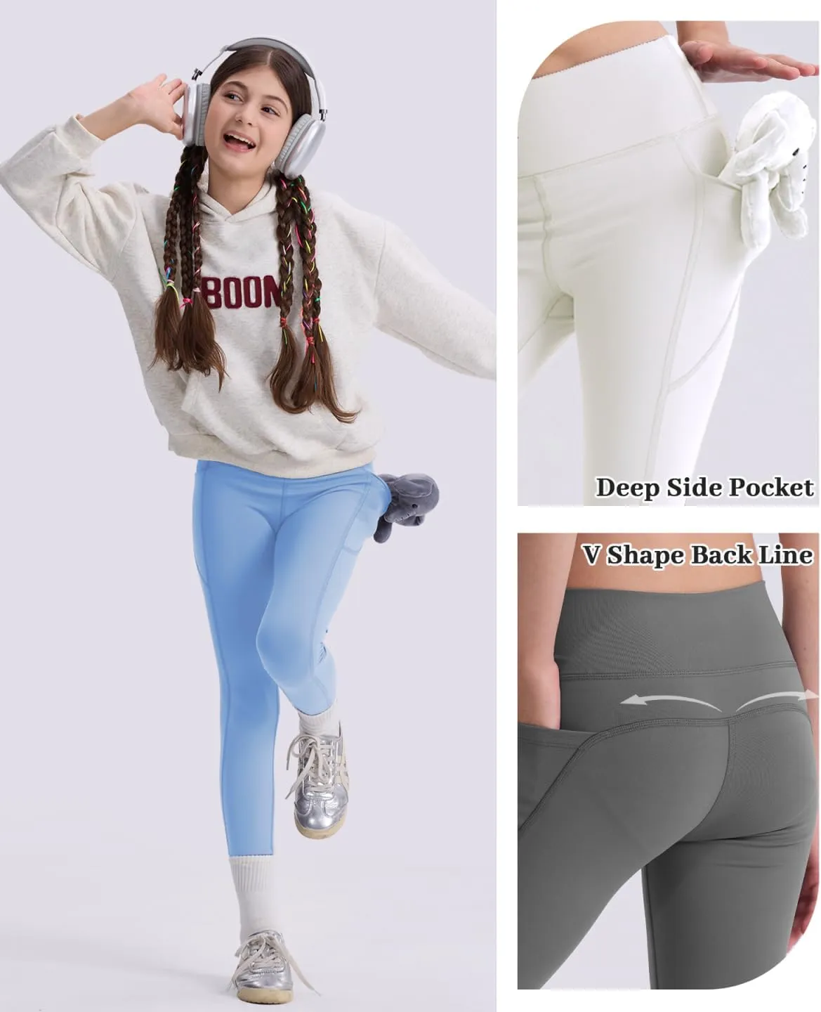 Girls' Black Athletic Leggings with Pockets, White Ankle Length Yoga Pants for Kids