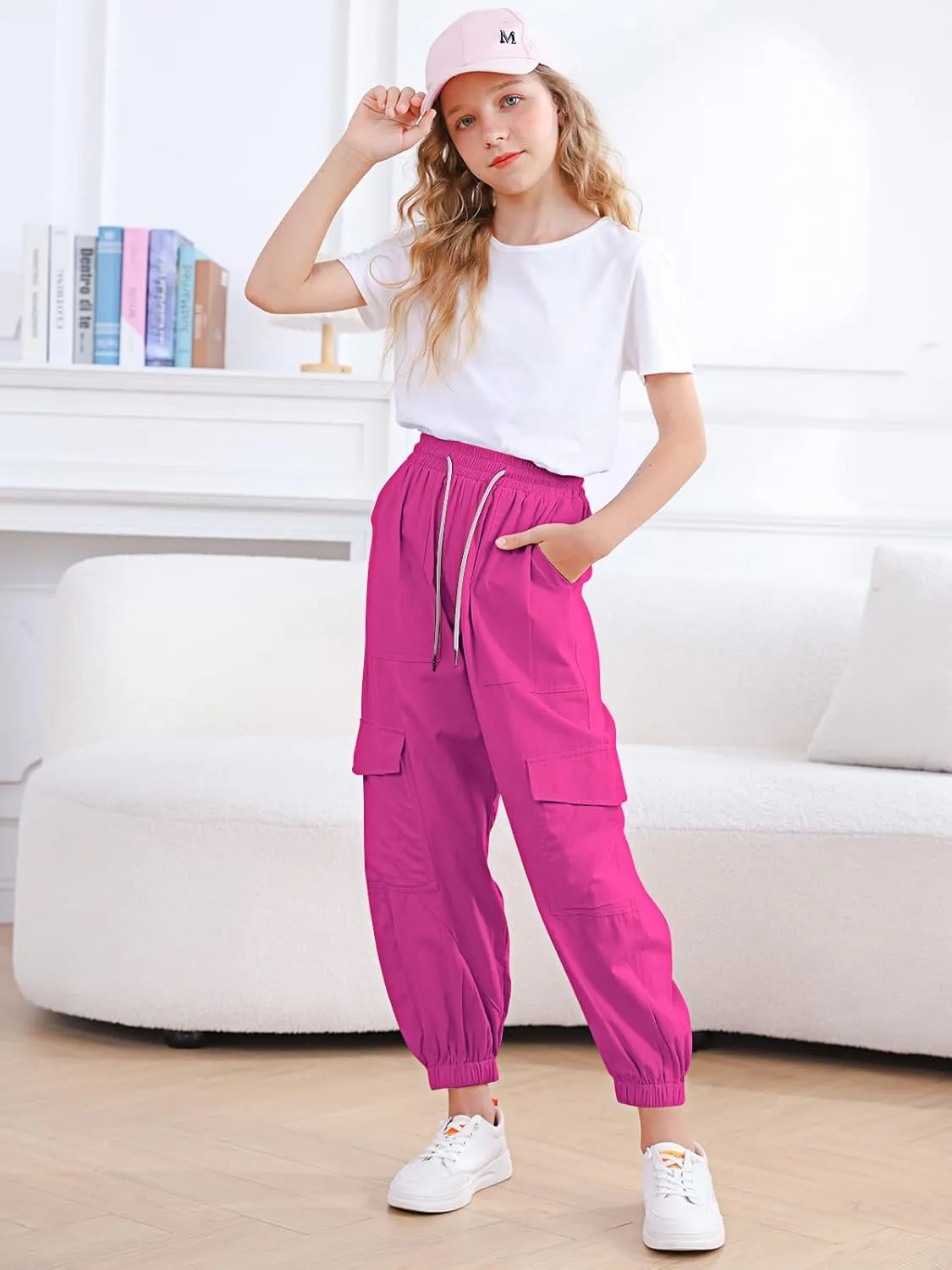 Girls Cargo Pants Elastic Waist Casual Jogger Pants for Girls Streetwear Loose Parachute with Pockets 7-14Years