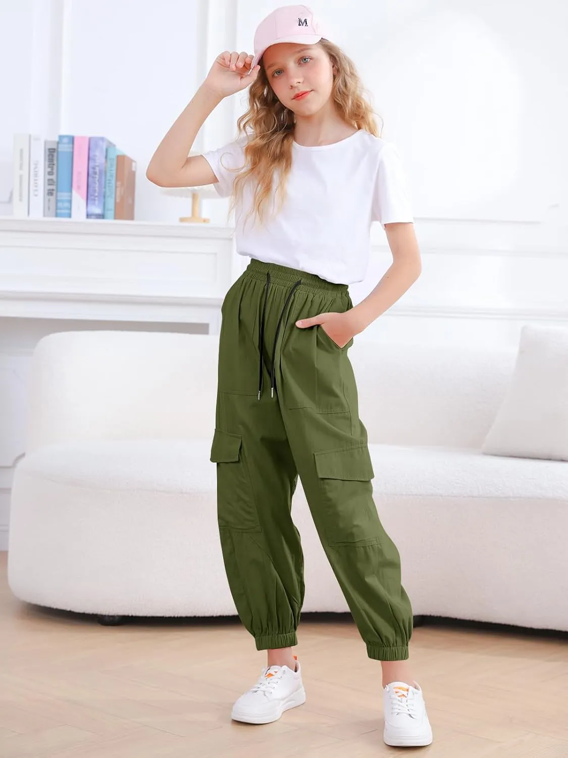 Girls Cargo Pants Elastic Waist Casual Jogger Pants for Girls Streetwear Loose Parachute with Pockets 7-14Years