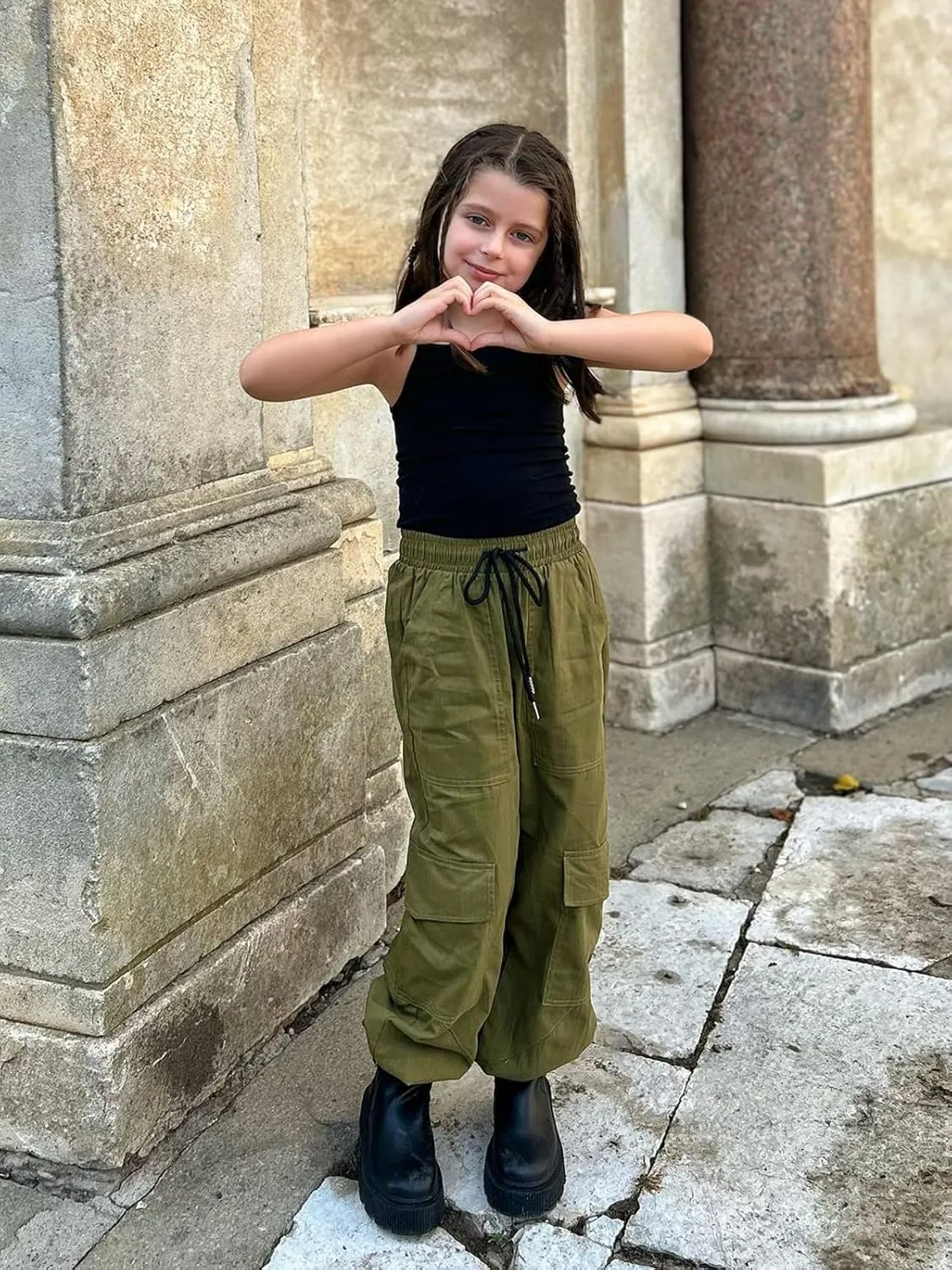 Girls Cargo Pants Elastic Waist Casual Jogger Pants for Girls Streetwear Loose Parachute with Pockets 7-14Years