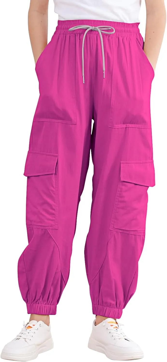 Girls Cargo Pants Elastic Waist Casual Jogger Pants for Girls Streetwear Loose Parachute with Pockets 7-14Years
