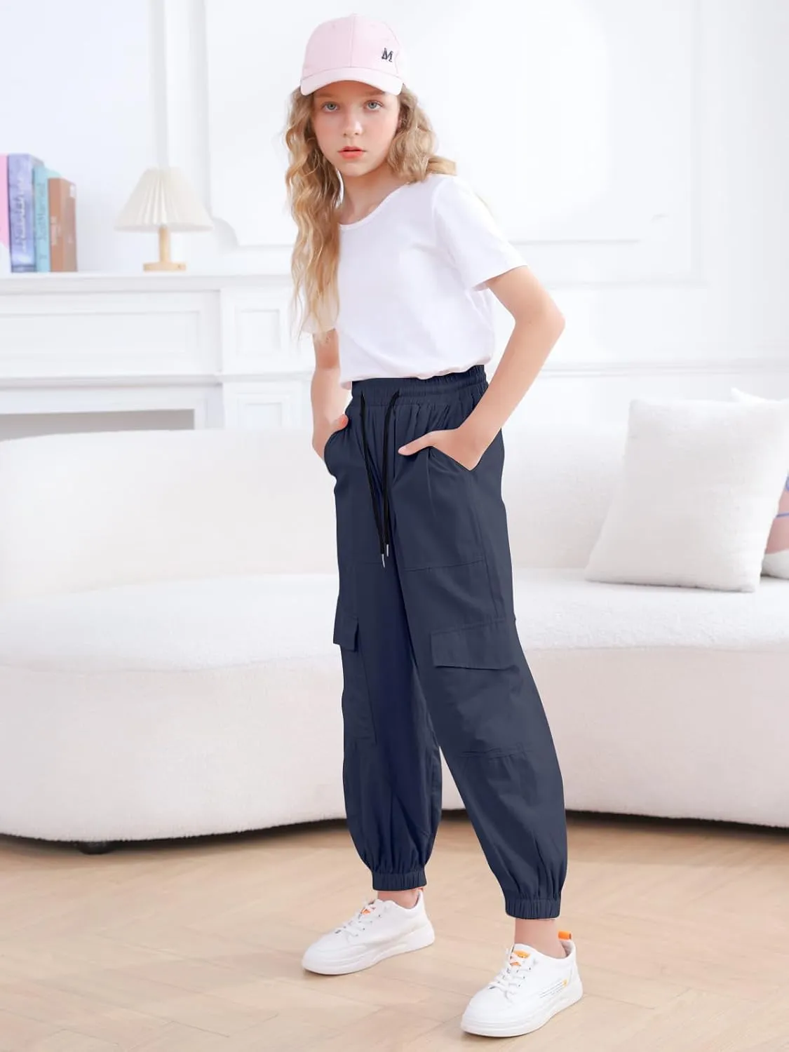 Girls Cargo Pants Elastic Waist Casual Jogger Pants for Girls Streetwear Loose Parachute with Pockets 7-14Years