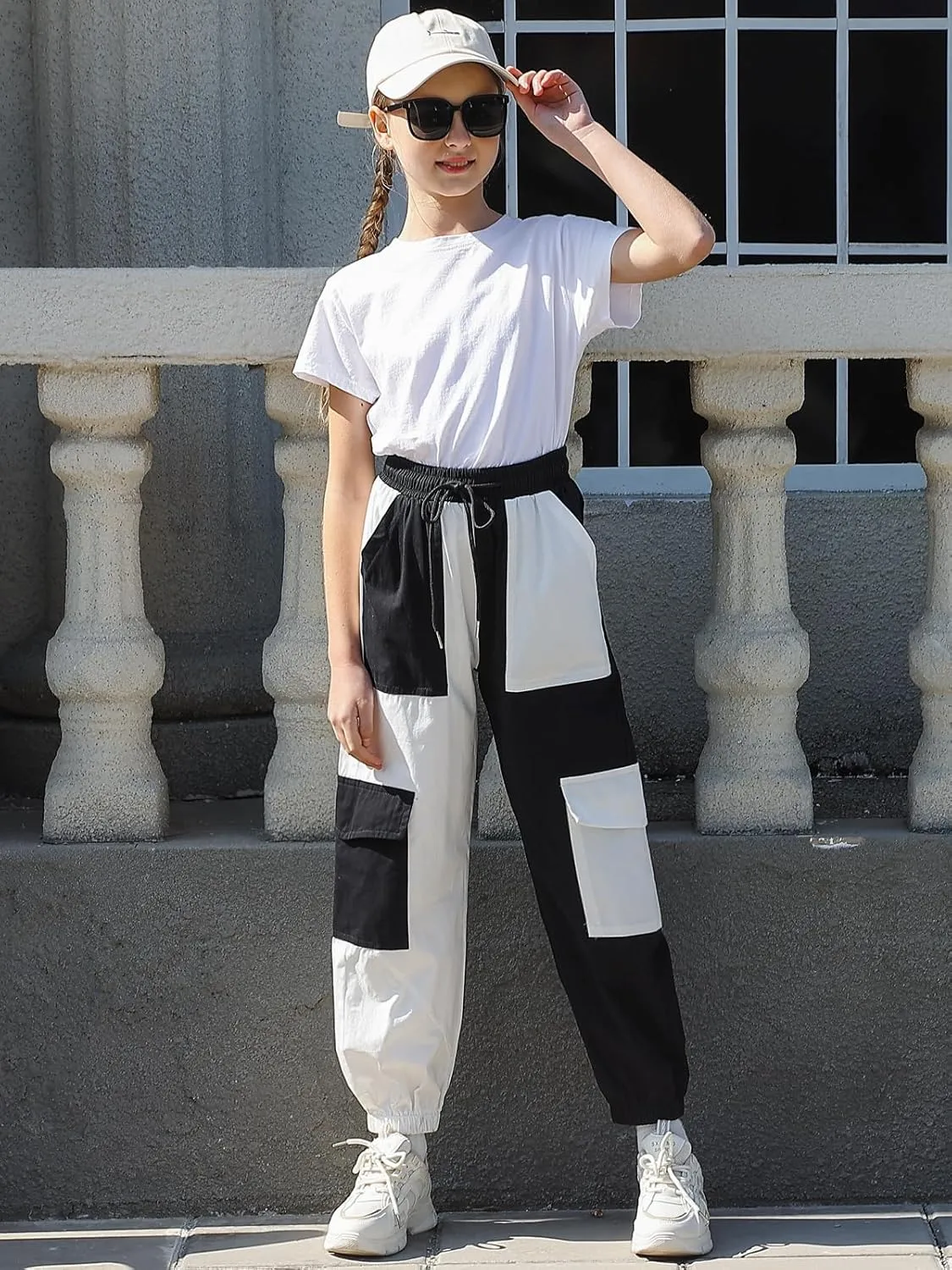 Girls Cargo Pants Elastic Waist Casual Jogger Pants for Girls Streetwear Loose Parachute with Pockets 7-14Years