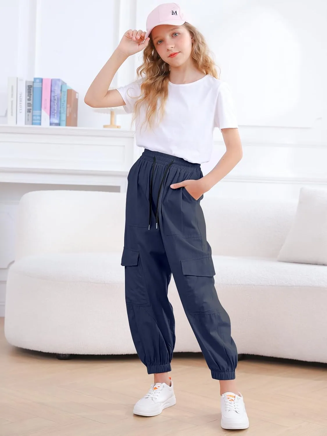 Girls Cargo Pants Elastic Waist Casual Jogger Pants for Girls Streetwear Loose Parachute with Pockets 7-14Years