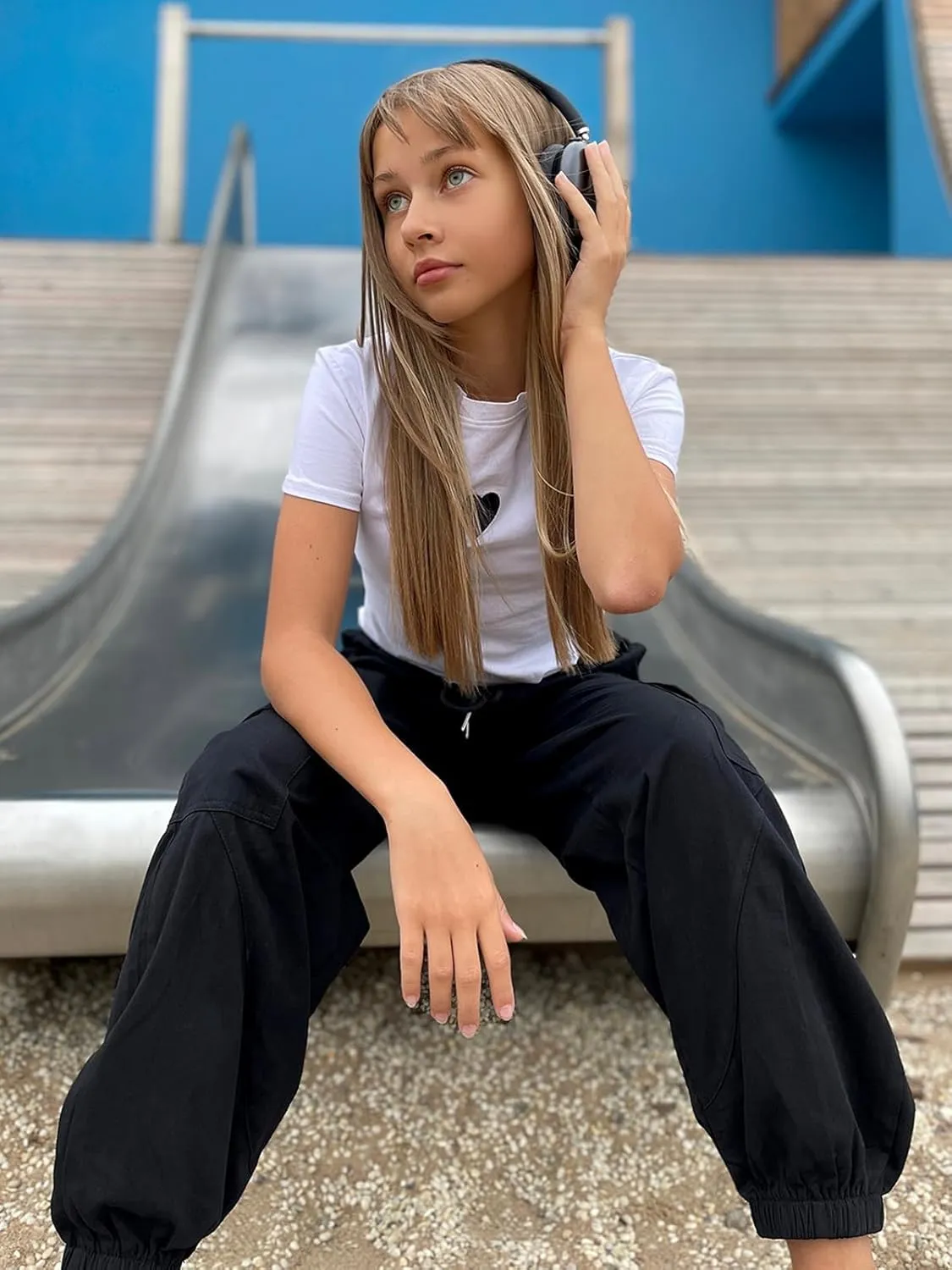 Girls Cargo Pants Elastic Waist Casual Jogger Pants for Girls Streetwear Loose Parachute with Pockets 7-14Years
