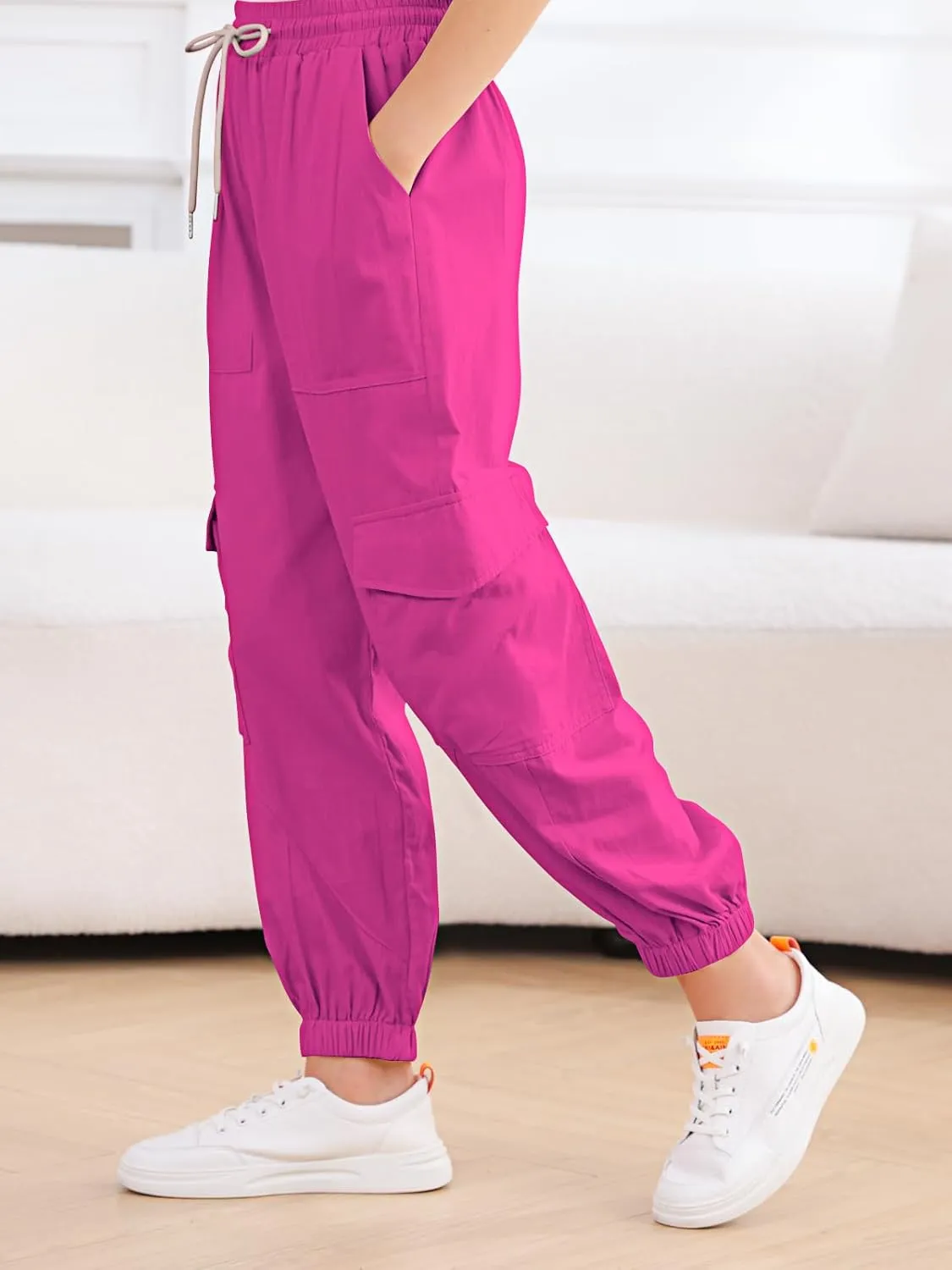 Girls Cargo Pants Elastic Waist Casual Jogger Pants for Girls Streetwear Loose Parachute with Pockets 7-14Years