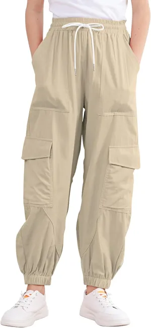 Girls Cargo Pants Elastic Waist Casual Jogger Pants for Girls Streetwear Loose Parachute with Pockets 7-14Years