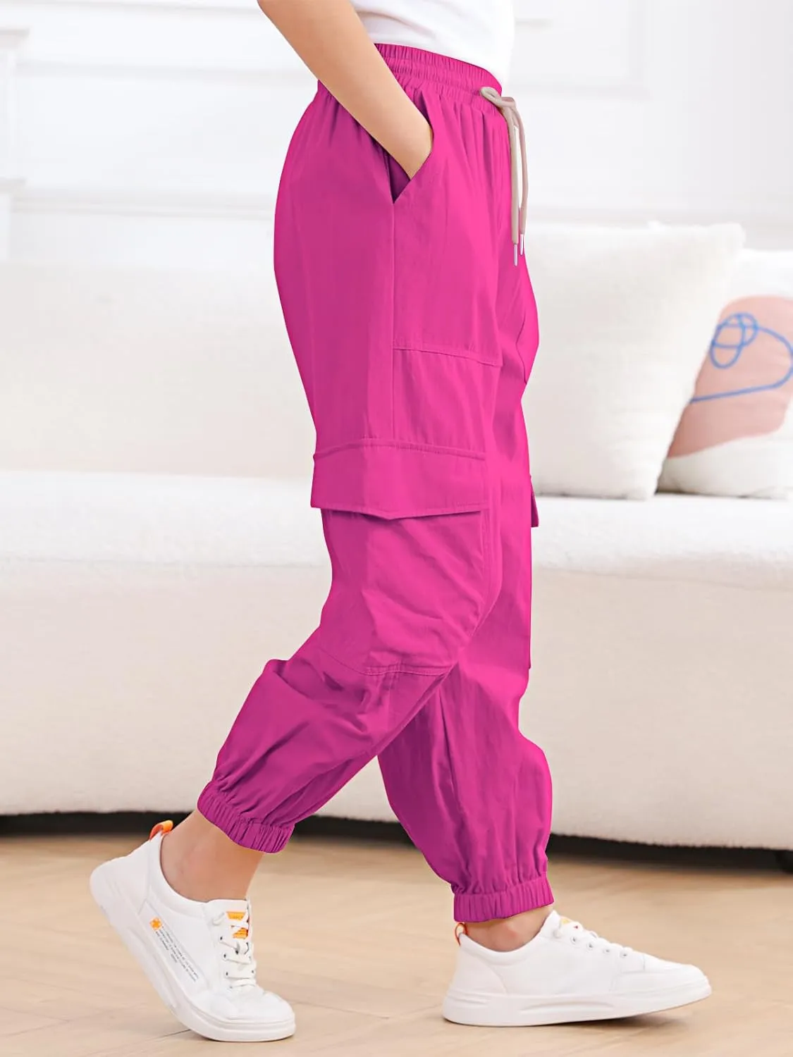 Girls Cargo Pants Elastic Waist Casual Jogger Pants for Girls Streetwear Loose Parachute with Pockets 7-14Years