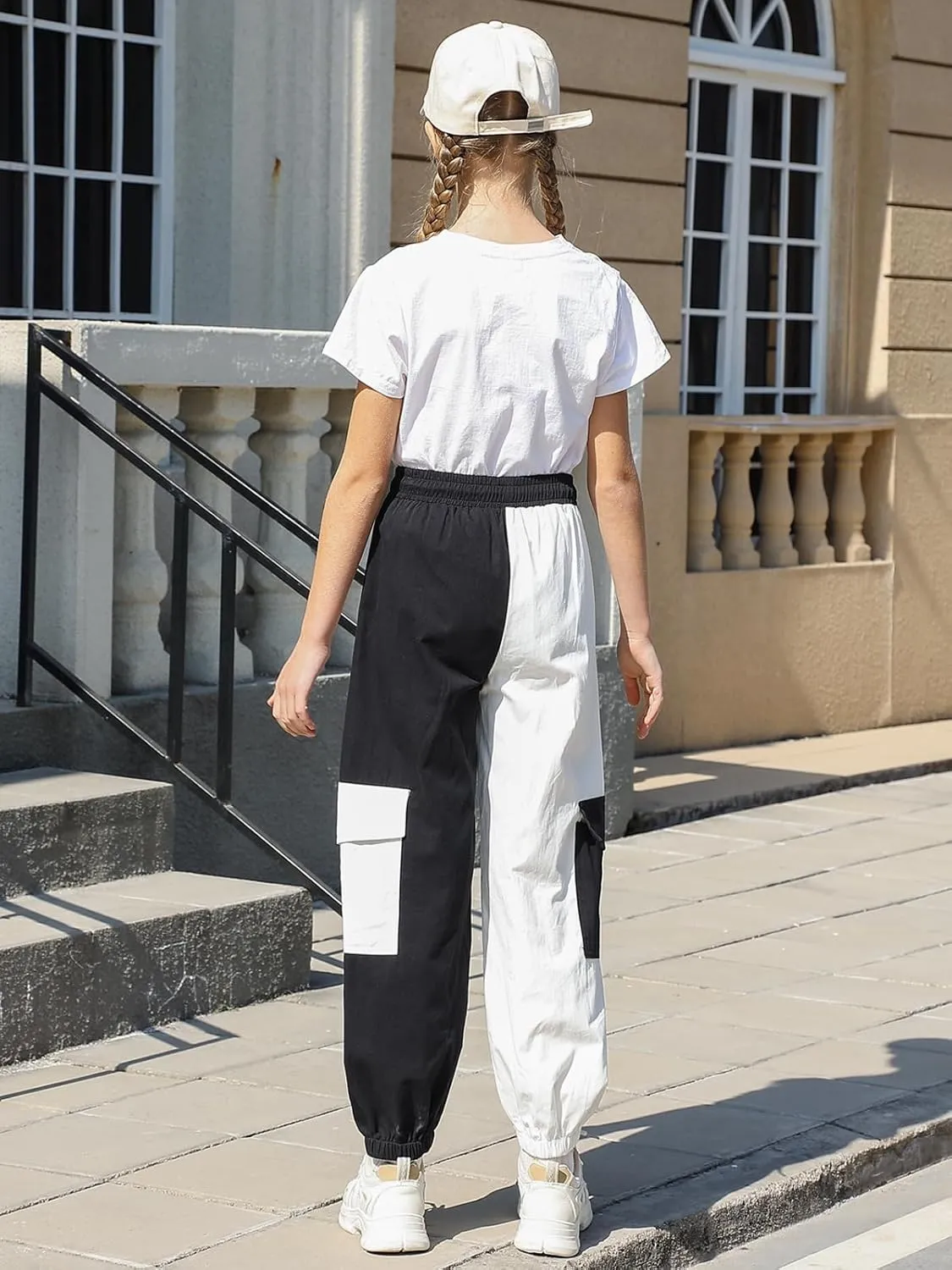 Girls Cargo Pants Elastic Waist Casual Jogger Pants for Girls Streetwear Loose Parachute with Pockets 7-14Years