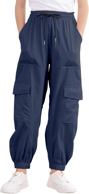 Girls Cargo Pants Elastic Waist Casual Jogger Pants for Girls Streetwear Loose Parachute with Pockets 7-14Years