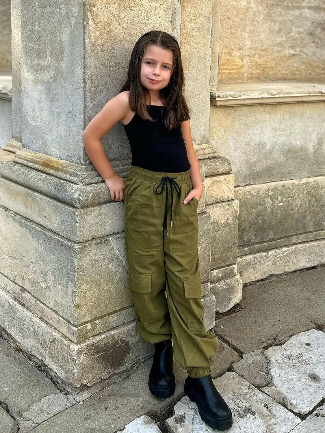 Girls Cargo Pants Elastic Waist Casual Jogger Pants for Girls Streetwear Loose Parachute with Pockets 7-14Years