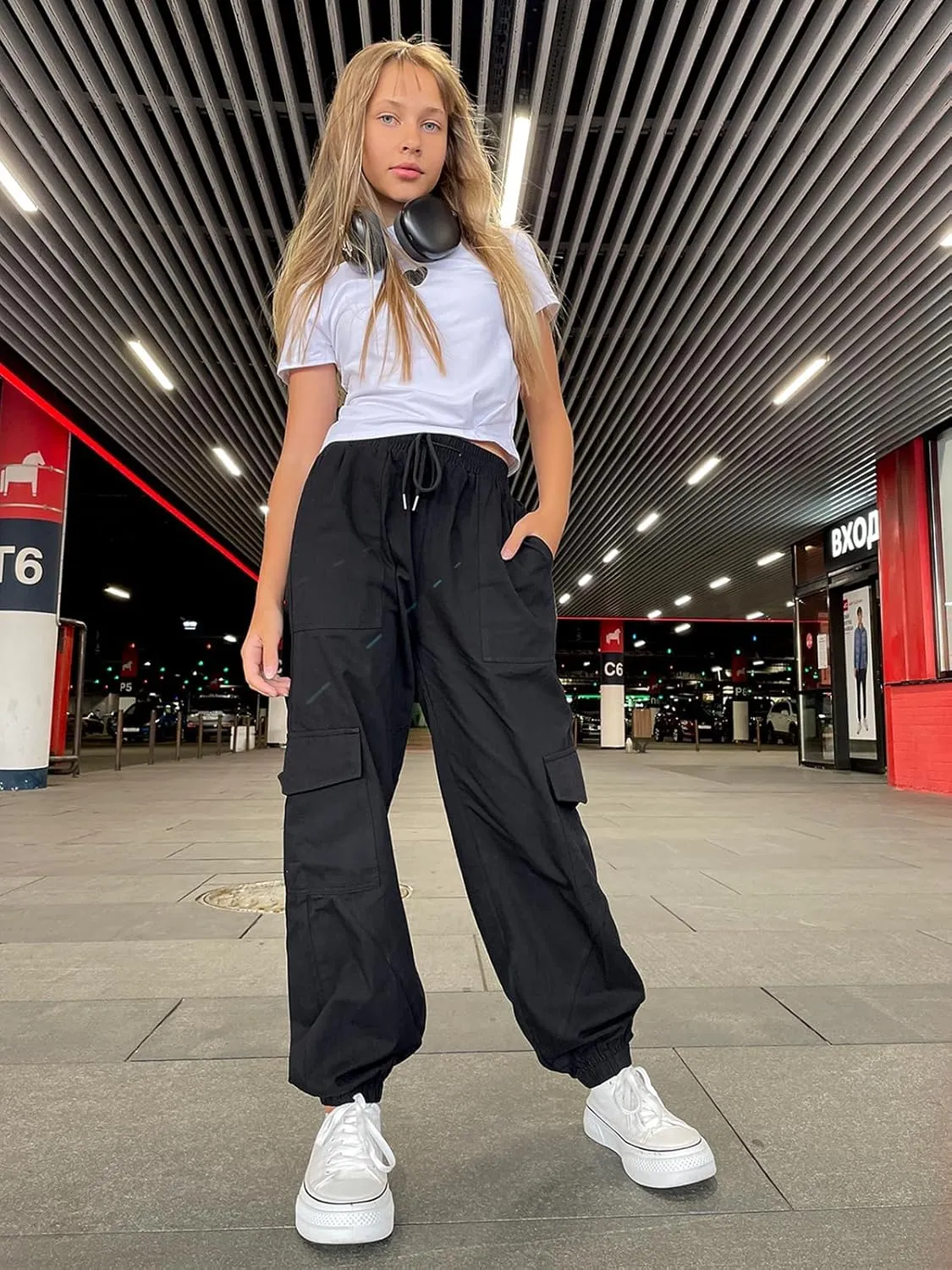Girls Cargo Pants Elastic Waist Casual Jogger Pants for Girls Streetwear Loose Parachute with Pockets 7-14Years
