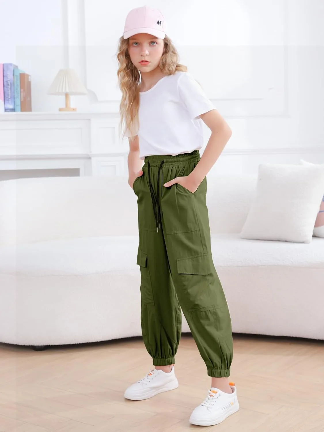 Girls Cargo Pants Elastic Waist Casual Jogger Pants for Girls Streetwear Loose Parachute with Pockets 7-14Years