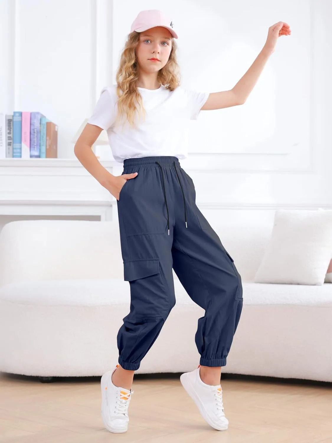 Girls Cargo Pants Elastic Waist Casual Jogger Pants for Girls Streetwear Loose Parachute with Pockets 7-14Years