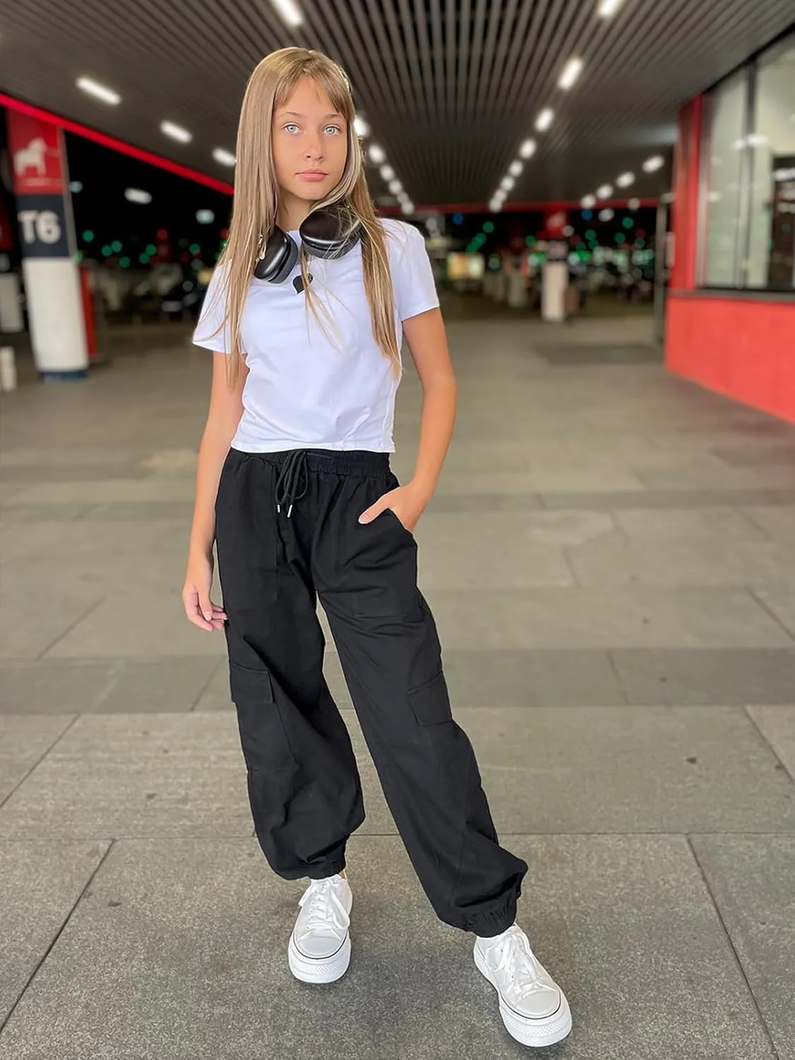 Girls Cargo Pants Elastic Waist Casual Jogger Pants for Girls Streetwear Loose Parachute with Pockets 7-14Years