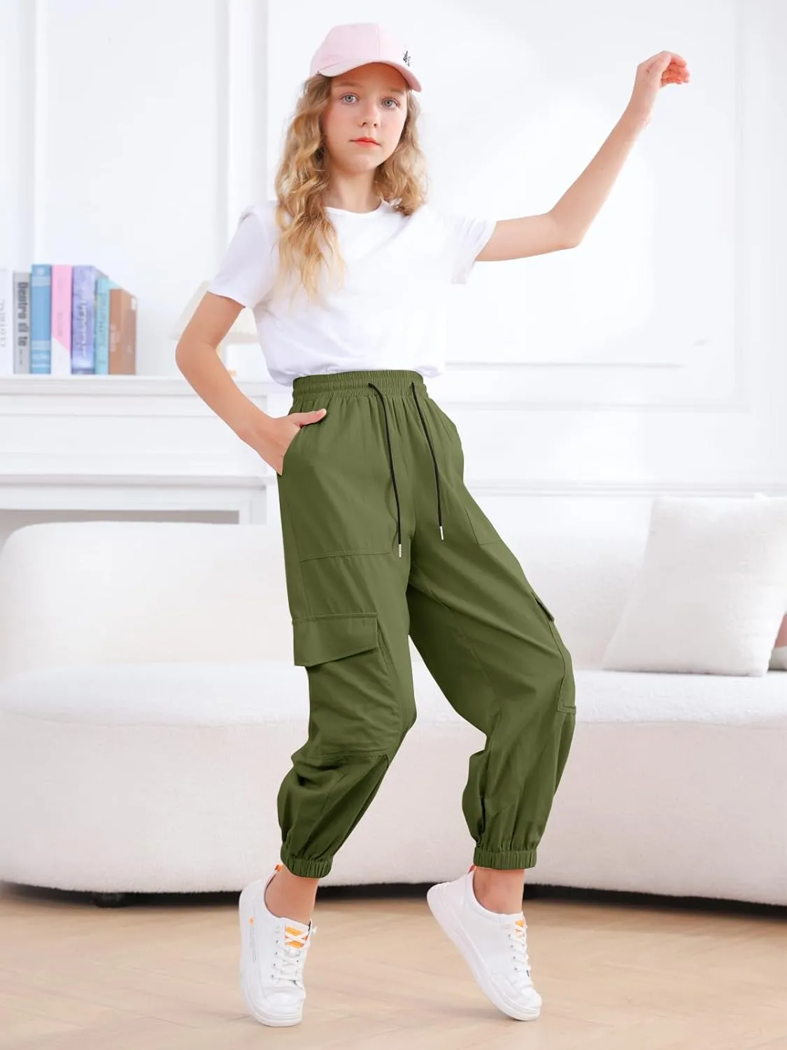 Girls Cargo Pants Elastic Waist Casual Jogger Pants for Girls Streetwear Loose Parachute with Pockets 7-14Years