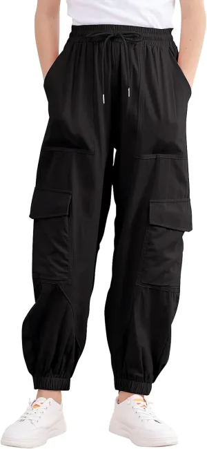 Girls Cargo Pants Elastic Waist Casual Jogger Pants for Girls Streetwear Loose Parachute with Pockets 7-14Years