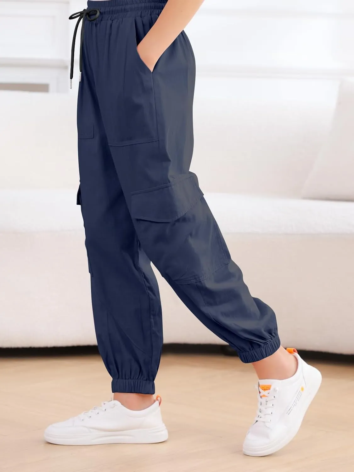 Girls Cargo Pants Elastic Waist Casual Jogger Pants for Girls Streetwear Loose Parachute with Pockets 7-14Years