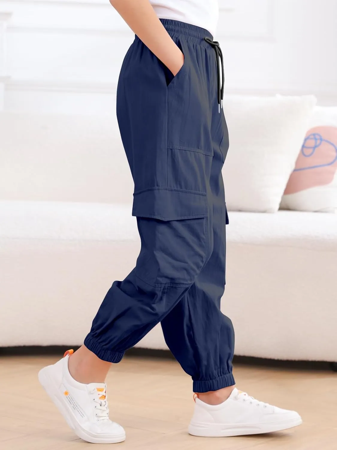 Girls Cargo Pants Elastic Waist Casual Jogger Pants for Girls Streetwear Loose Parachute with Pockets 7-14Years