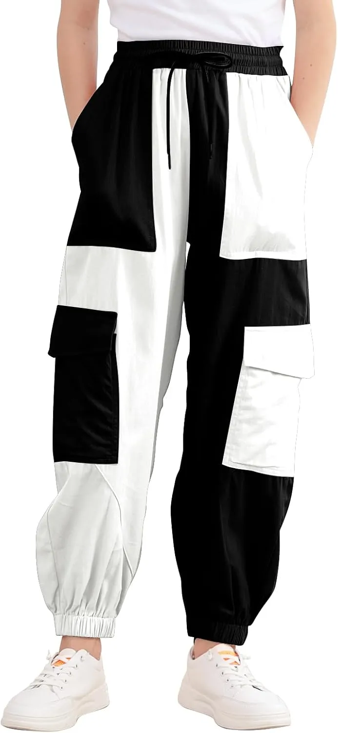 Girls Cargo Pants Elastic Waist Casual Jogger Pants for Girls Streetwear Loose Parachute with Pockets 7-14Years